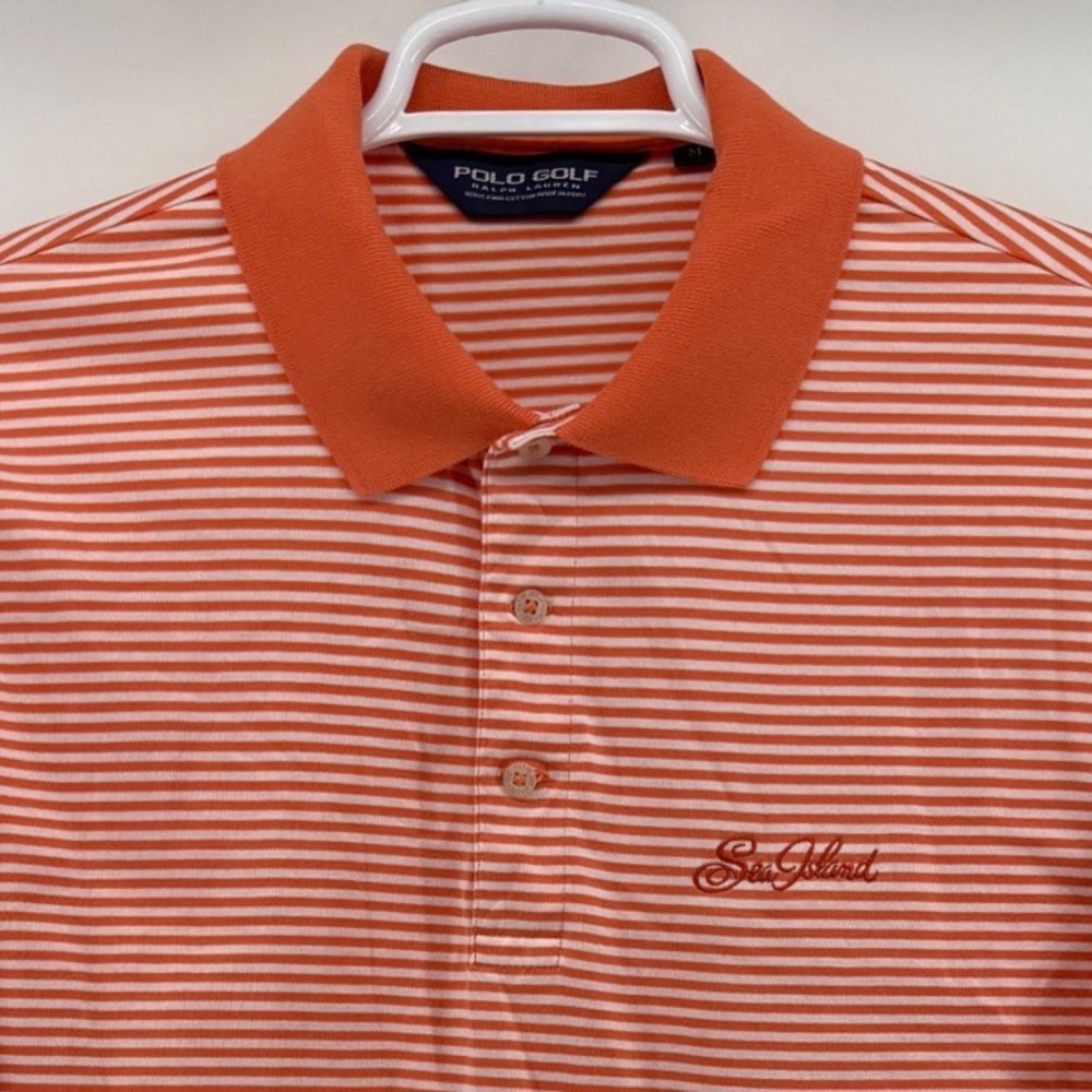 Polo Golf Ralph Lauren Mens Medium Orange White Striped Pima Cotton Sea Island